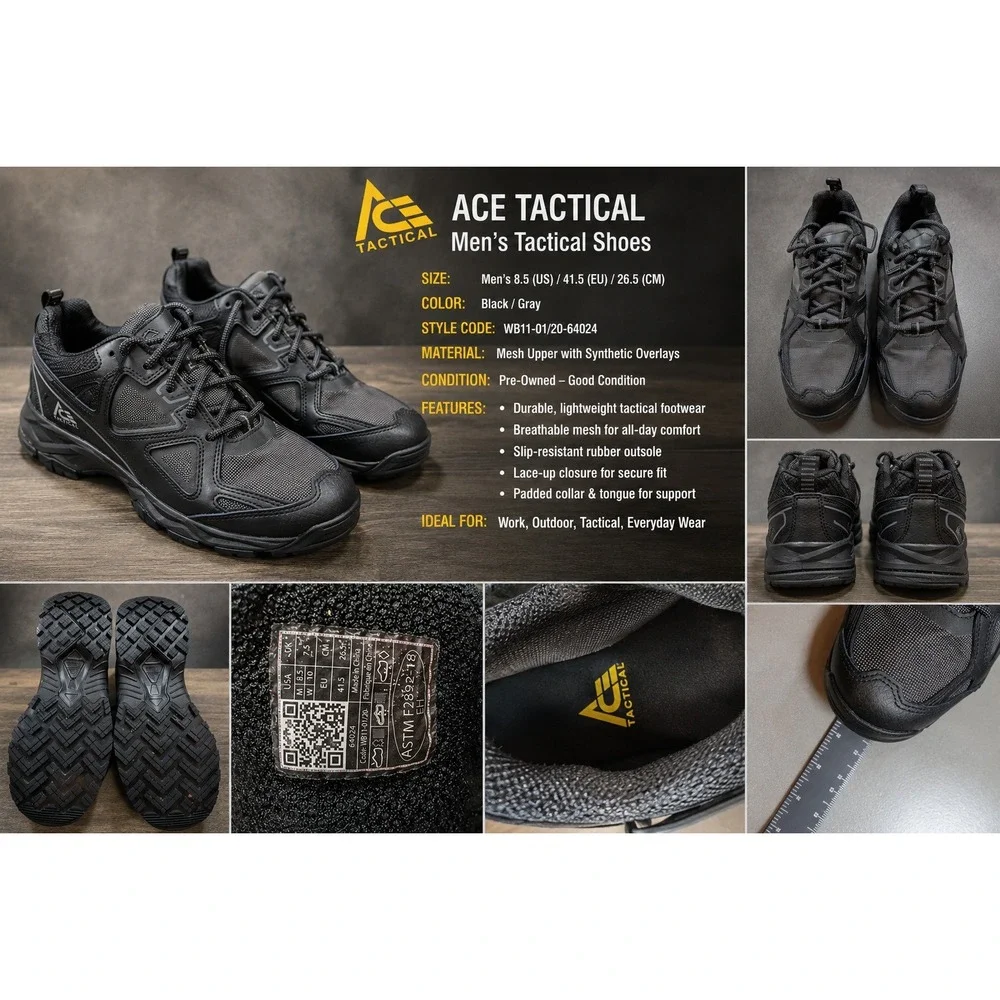 ACE Tactical Mens 8.5 Work Shoes Black Slip Resistant ASTM F2892-18 EH 64024
